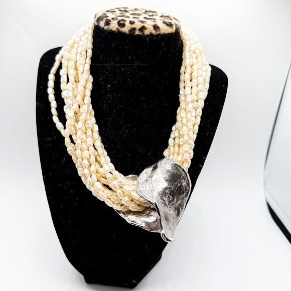 Vintage Richelieu rice Pearl Necklace 12 Strand chunky silver tone slide pendant